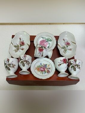 Vintage Japanese Moss Rose Egg Cups, mini plates & ash trays